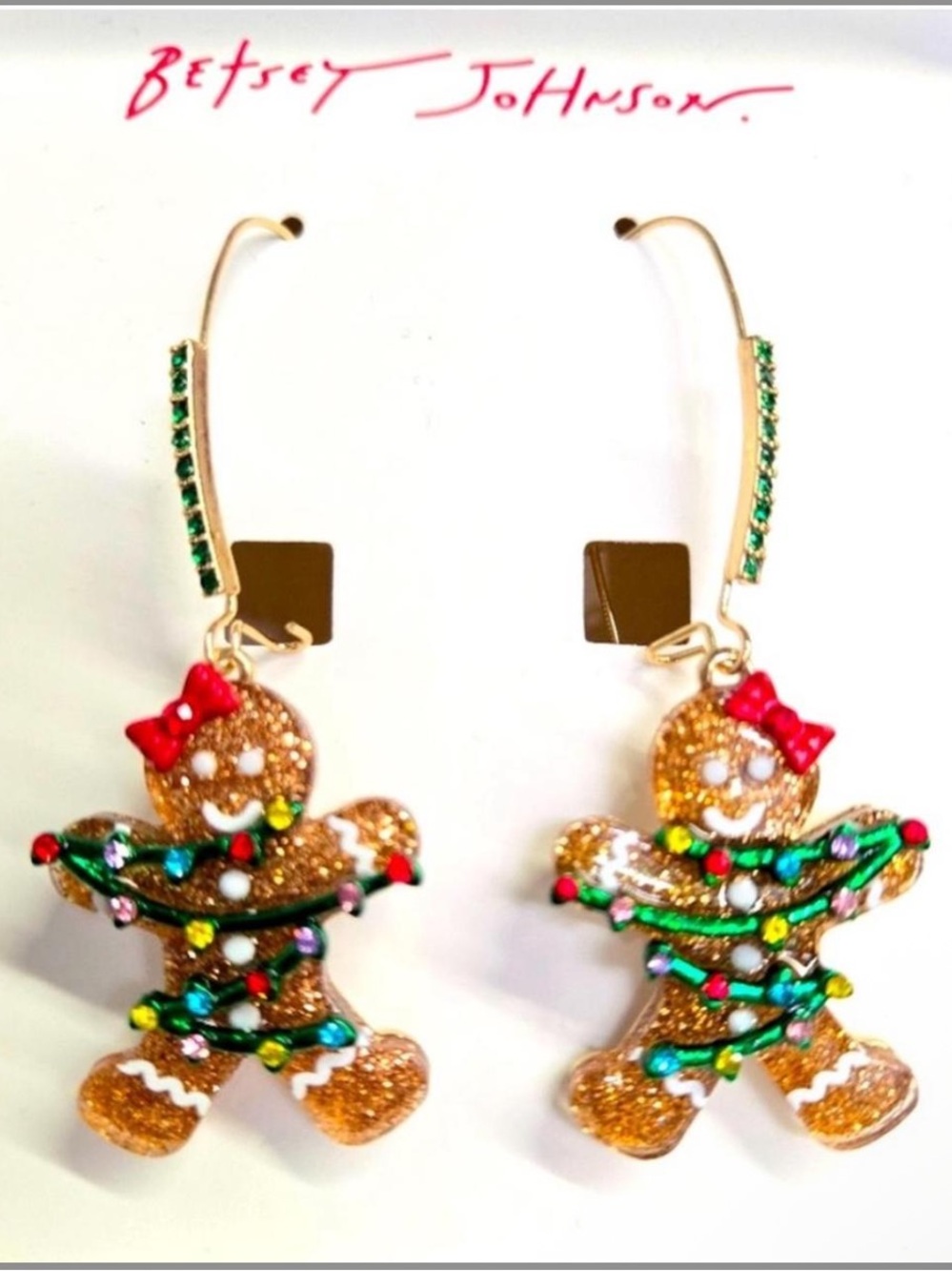 Betsey Johnson Gold Gingerbread Girl Drop Earrings with Green Accents new